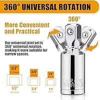Vista 4 de 3PCS Universal Joint Socket Set, 1/4” 3/8” 1/2” Drive Swivel Socket Adapter Set, Premium Chrome Vanadium Steel Universal Joint Socket Adapter
