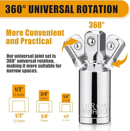 Miniatura 4 de Juego de 3 piezas de enchufes universales para juntas de 1/4 pulgadas, 3/8 pulgadas y 1/2 pulgadas, adaptador universal de enchufe de acero cromado