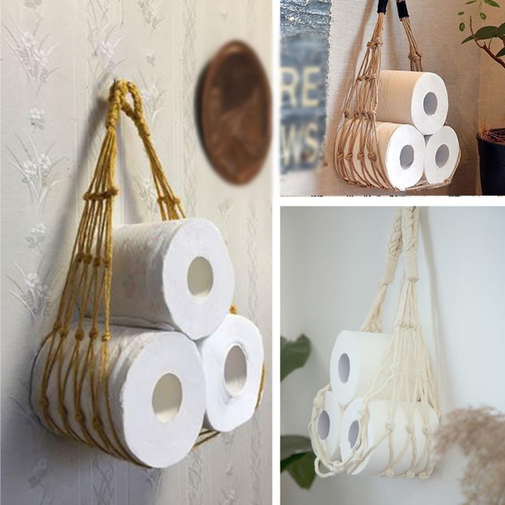 Rope Toilet Roll Holder, Hang Cotton Rope Toilet Paper Holder Mesh Storage Bag Wall Mount Tissue Towel Rack for Bathroom Decor(Brown) - Image 4