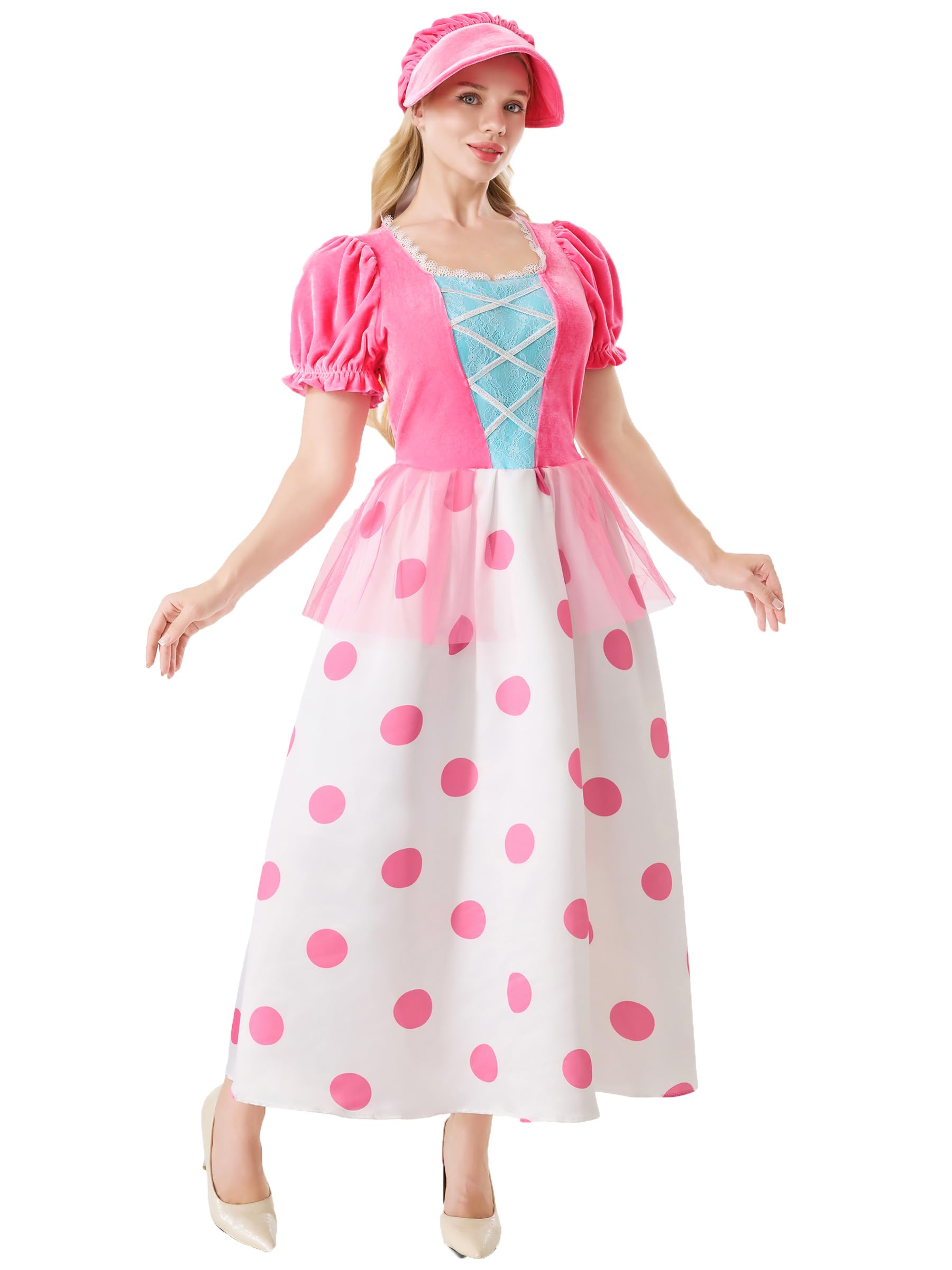 Funna Bo Peep Costume Women Pink Polka Dot Shepherd Halloween Dress with Bonnet, X-Large