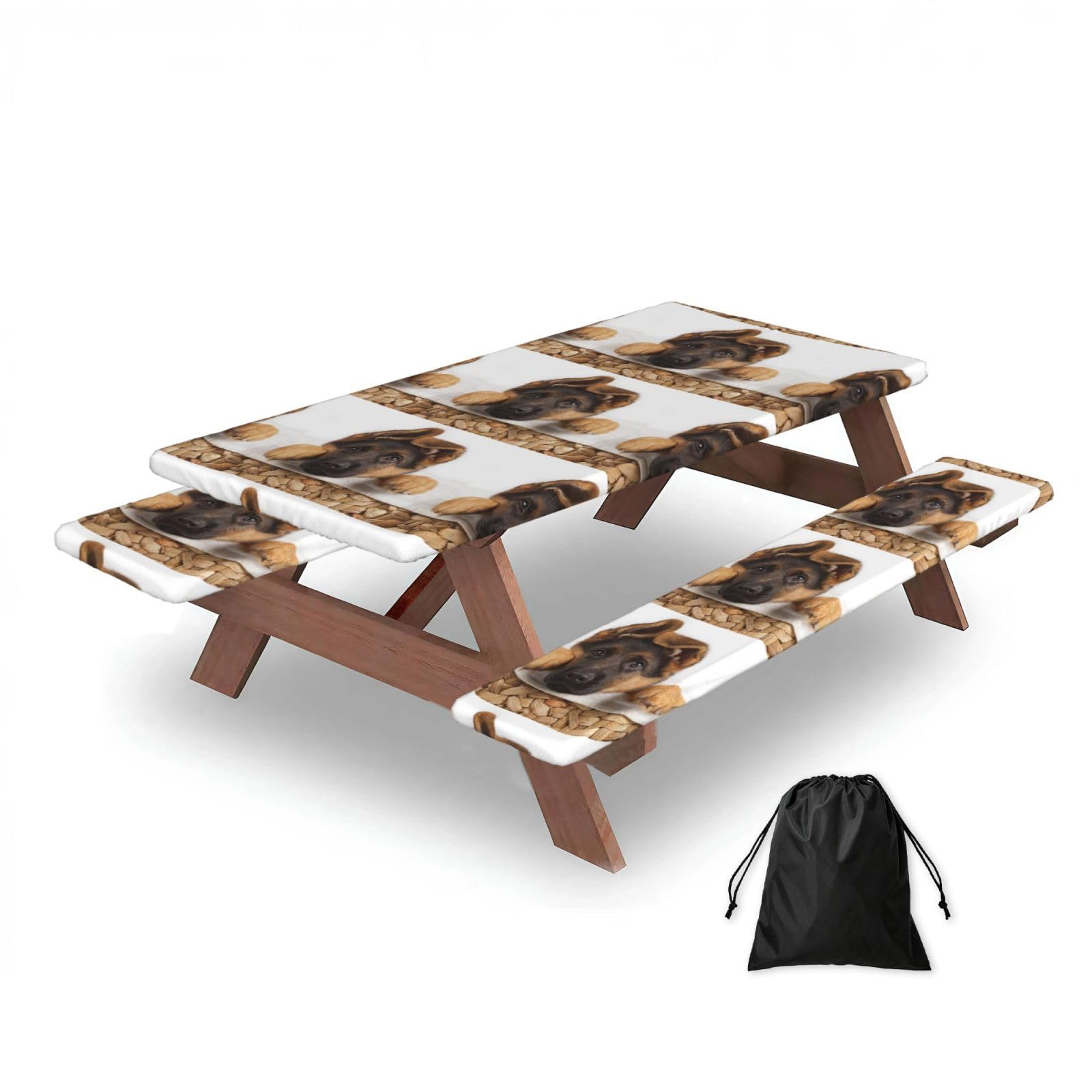 German Shepherd Puppy Dog, Picnic Table Cover With Bench Covers -Waterproof Elastic Fitted Tablecloth for Garden Camping Patio 76x152cm
