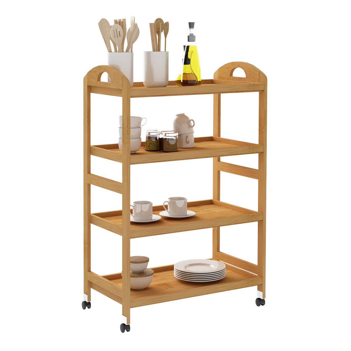 DlandHome 4-Tier Storage Shelf Unit On Wheels, Bamboo Storage Utility Cart with Handles for Kitchen/Warehouse, ZC-07 1 Pack