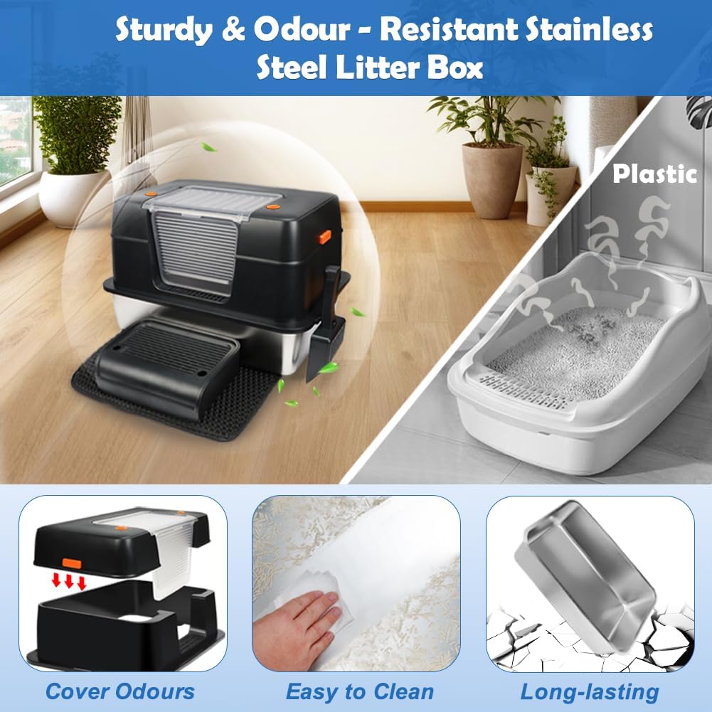 SZEETECH XL Enclosed Stainless Steel Litter Box, Odour-Resistant, Easy to Clean, Stainless Steel Cat Litter Tray with Lid, with Scoop, Step and Mat - Black 3 61dboUEhavL. AC SL1001