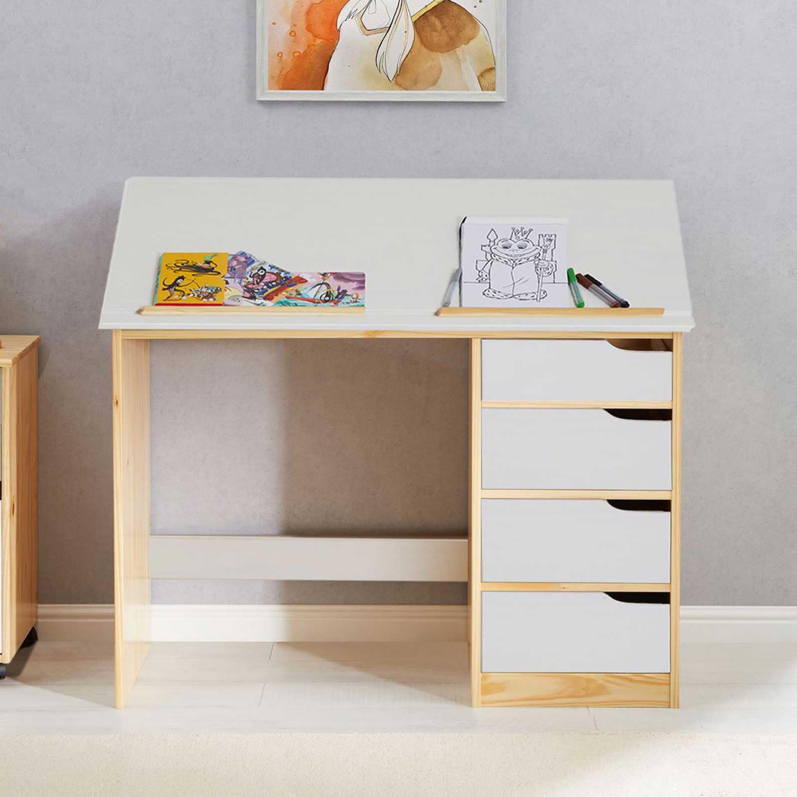 IDIMEX Bureau Enfant Emma Bureau avec Rangement 4 tiroirs et Plateau inclinable, Style scandinave, en pin Massif Naturel et Blanc