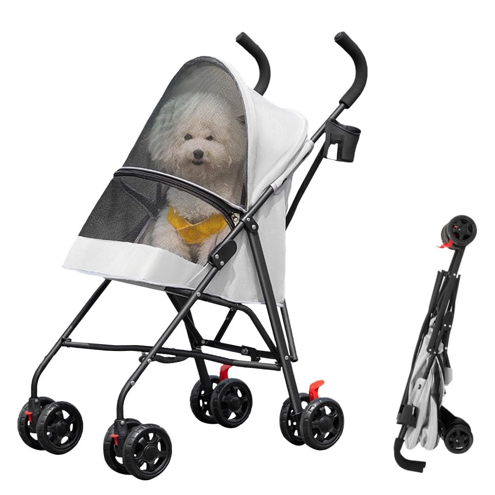 OHMG Passeggino pieghevole animali carrello pieghevole impermeabile cane gatto porta bicchiere cestino portaoggetti incluso ruote con freno tessuto 600D Oxford acciaio copertura antipioggia inclusa