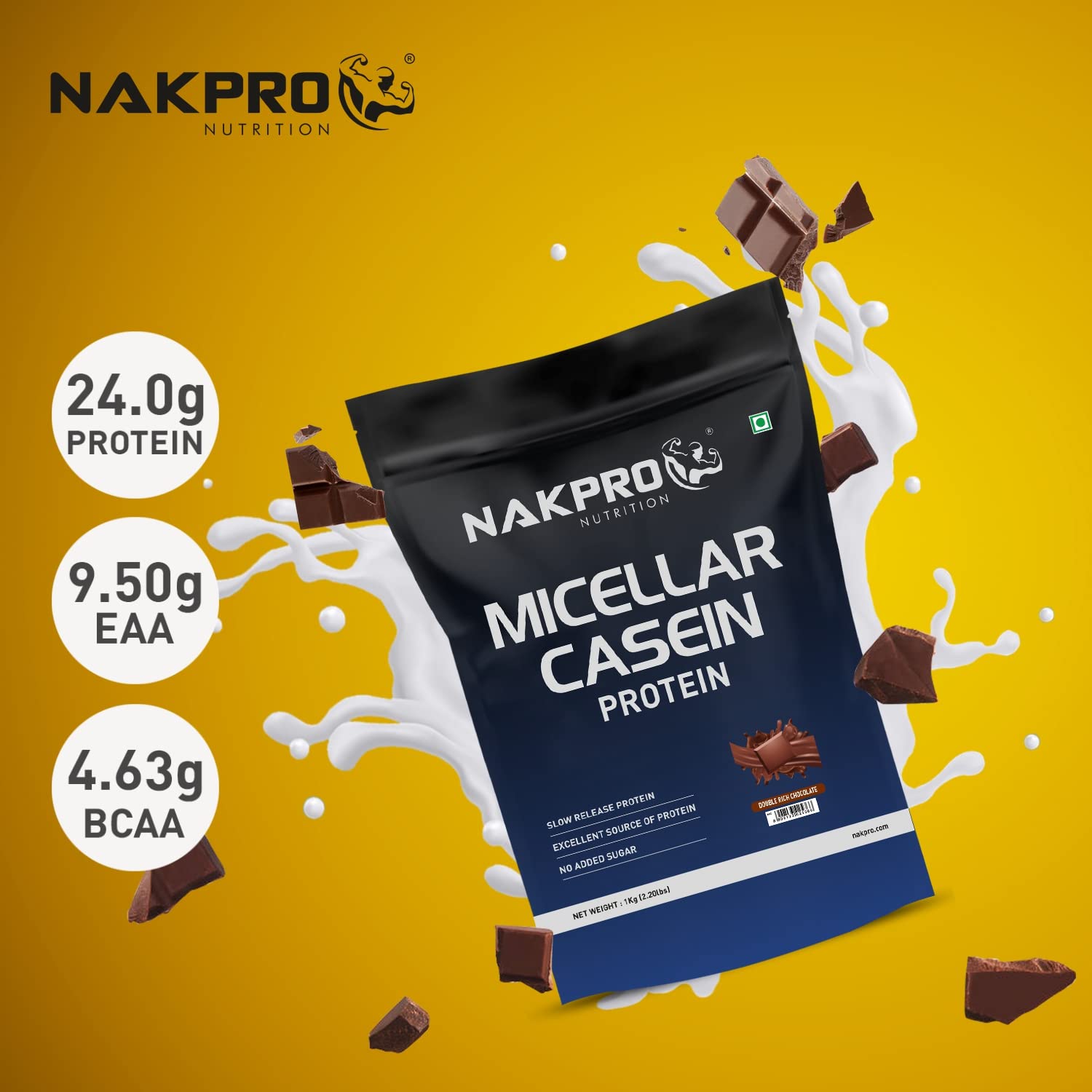 NAKPRO 100% Micellar Casein Protein Supplement |26.02g Protein, 11g EAAs, 5.26g BCAA-DoubleRich-Chocolate-1 Kg — Amazon image 4