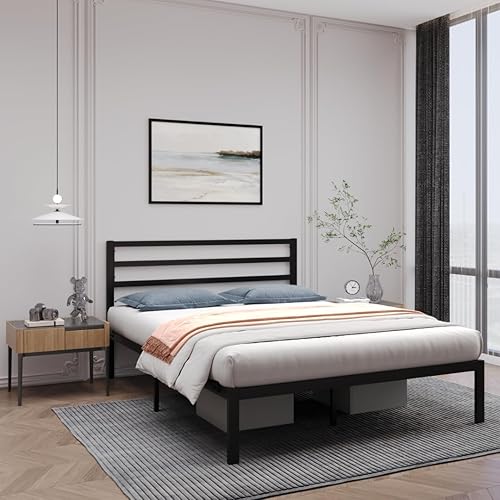 Miniatura 3 de AMBEE21 Marco de cama de metal moderno con plataforma King con cabecero marco de cama de metal de hierro resistente negro, soporte de colchón