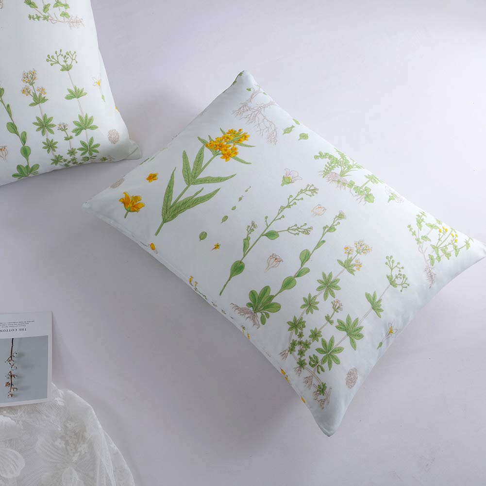 Menae Pack of 2 Floral Pillow Cases-Green with Yellow Botanical Flowers Bed Pillowcases Set with Envelope Closure End -(King 20x36 Inches,Floral)