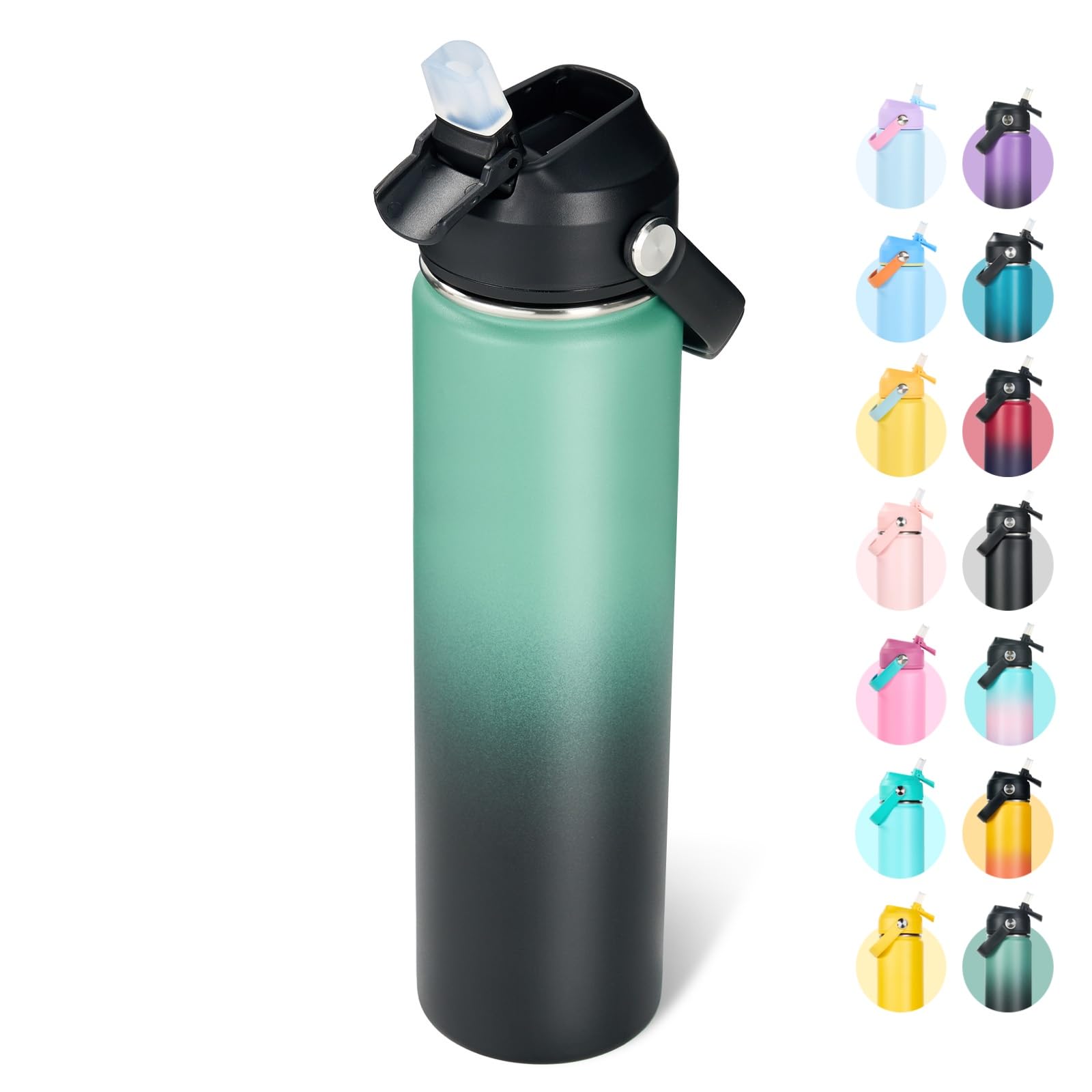 Fijinhom 24oz Insulated Stainless Steel Water Bottle, Wide Mouth Double Wall Vacuum, Silicone Straw, Sweat &amp; Leak Proof, BPA Free Insulated Water Flask for Travel, Keep Cold 24h Hot 12h, Green &amp; Black