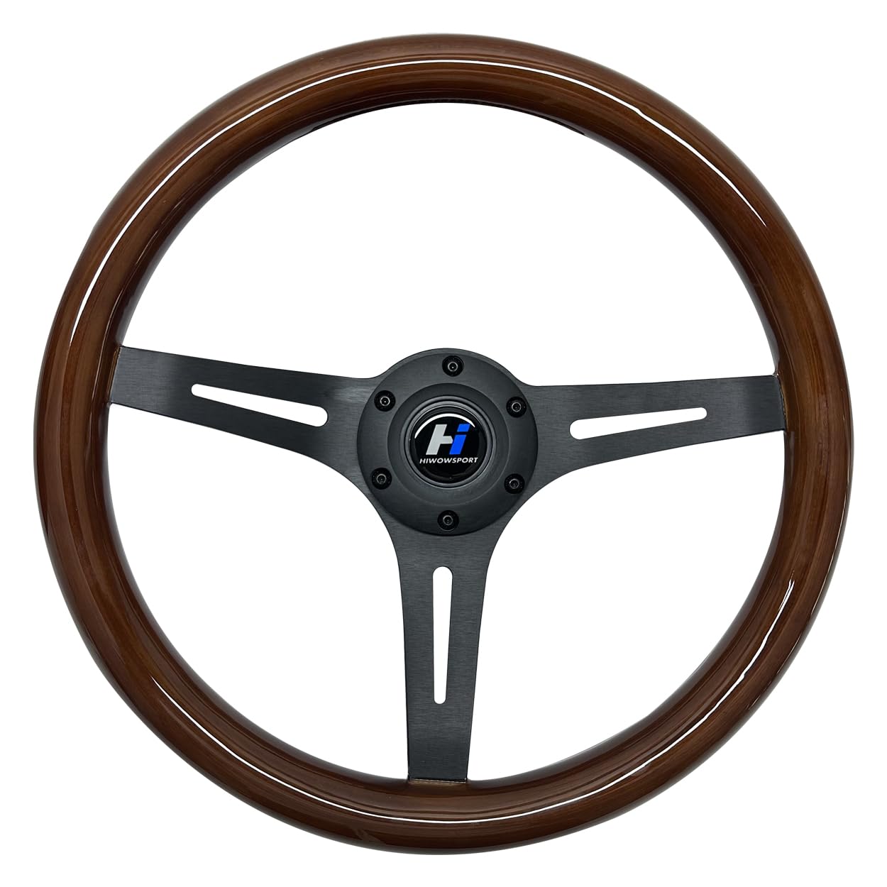 14inch Universal Classic Wood Grain Steering Wheel Brushed 3 Spoke 1.5inch Depth Steering Wheel with Horn Button 6 bolts