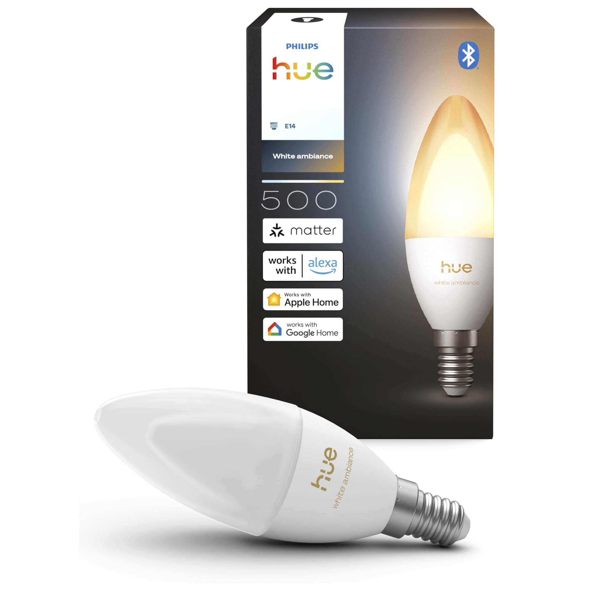 Philips Hue Smart LED Candle Bulb, B39, E14, 1 Pack, White Ambiance, Full Spectrum Light 1000 K-20000 K, 500 lm, Ultra-Low Dimming, Alexa, Google Home, Apple Home