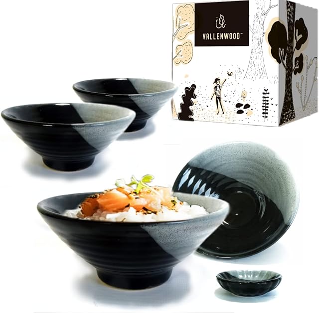 8 Pieces Japanese Ying Yang Style. 4 Black White Ceramic Rice Bowls Set. Plus 4 Small Soy Sauce bowl Plates Included. Korean & Chinese Food Portion Control Ramen Soup Miso. (White Black, 4.5in x4)