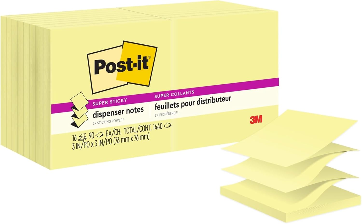 Post-it® Super Sticky Pop-Up Notes, 3 in x 3 in, 16 Pads, 90 Sheets/Pad, 2X The Sticking Power, School Supplies and Office Products