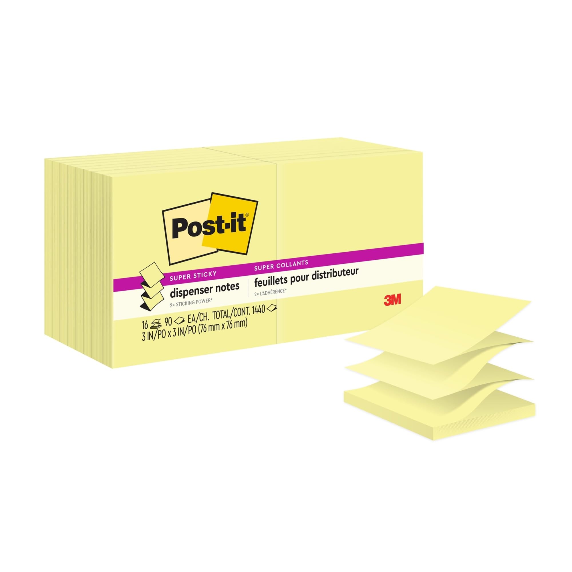 Post it Super Sticky Pop up Notes, 3'' x 3'', Canary Yellow, Pack of 16 Pads