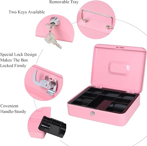 Miniatura 4 de Jssmst Caja grande con cerradura de llave, caja de metal duradera con bandeja para dinero, 11.81 x 9.84 x 3.46 pulgadas (XL, rosa)