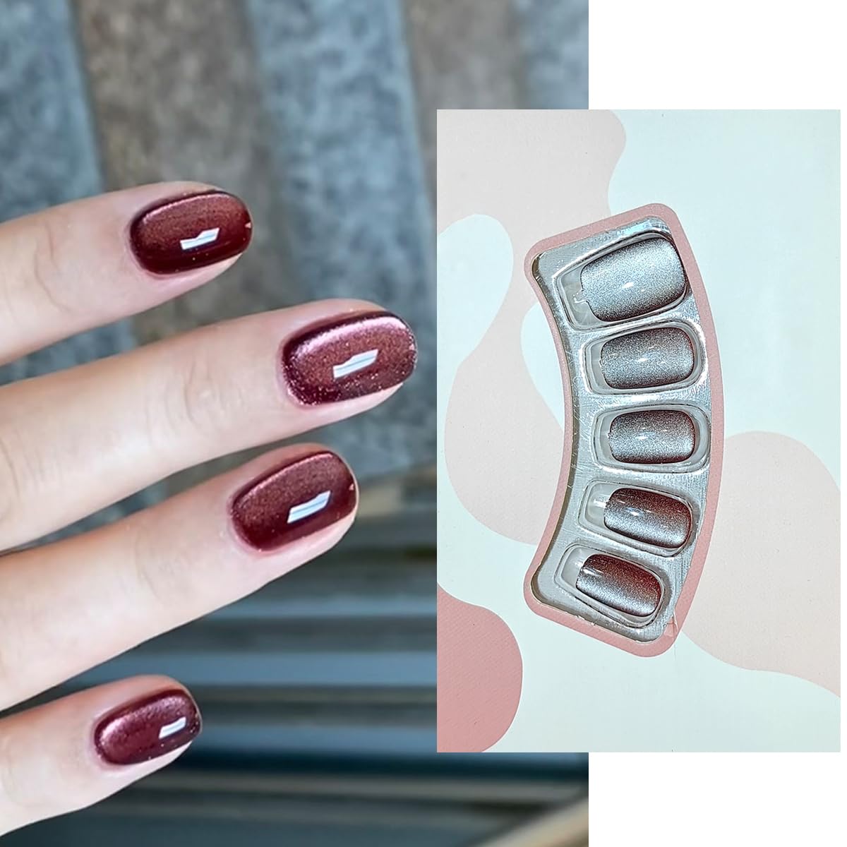 S.A.V.I 24 Pcs Short Natural Shape False Nails for Women | Maroon Cat’s Eye Glossy Press On Set with Glue & Adhesive Tabs | Reusable Artificial Tips, Easy Application & Removal-image-42