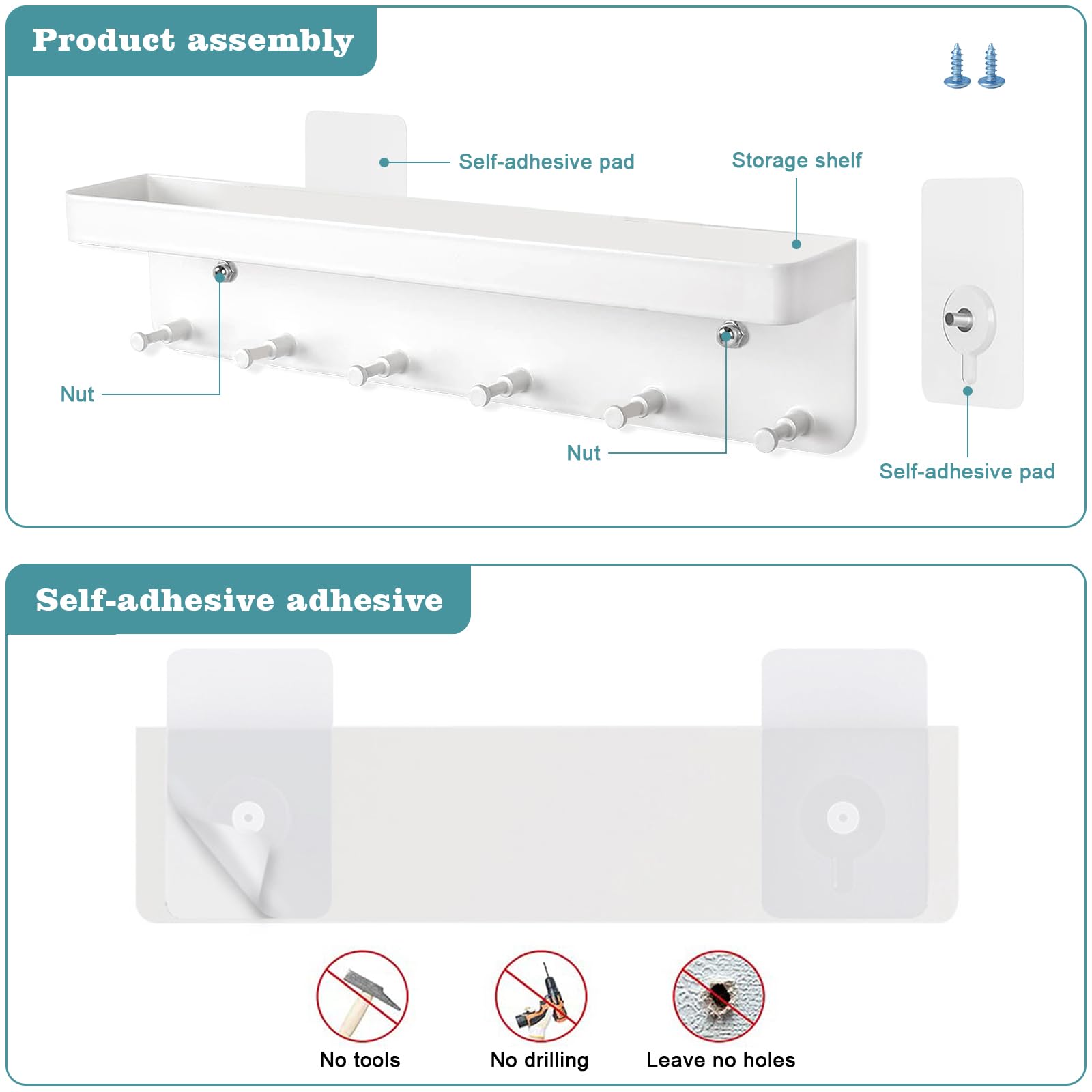Portachiavi Da Parete Senza Fori - 7 Ganci, Adesivo Resistente, Capacità 5 Kg, Colore Grigio, Per Ingresso Casa O Ufficio