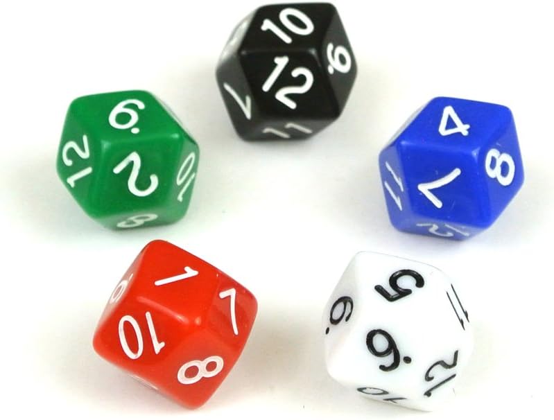 Set of Five Rhombic Dodecahedron D12 12-Sided Dice in Five Colors