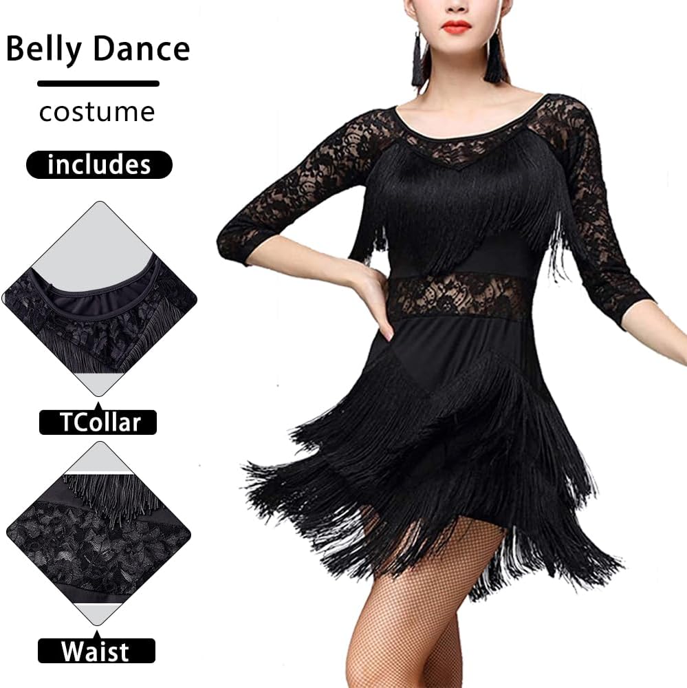 Women Ballroom Latin Dance Dress Fringed Costume Lace Round Neck Half Sleeve Tango Salsa Dress with Shorts Large Size (US, Alpha, One Size, Regular, Regular, Red)
