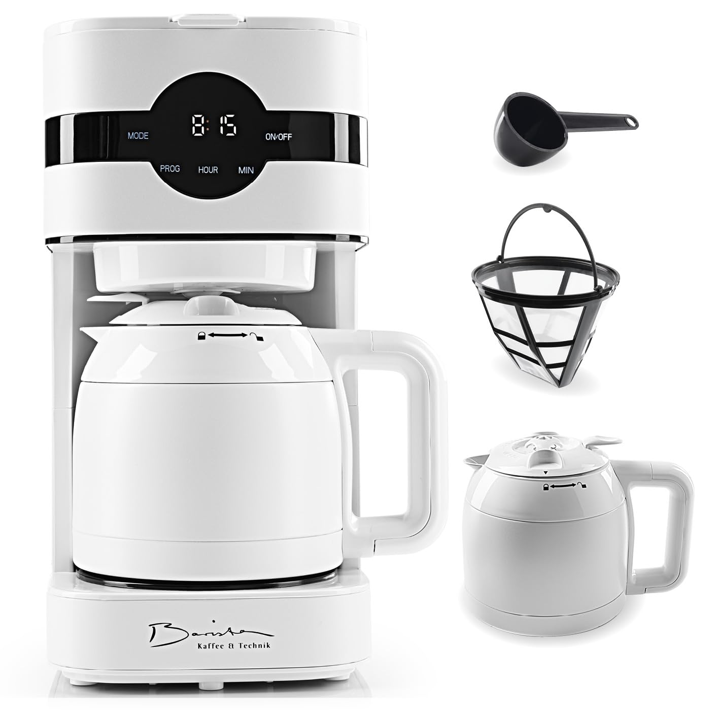 Barista Cafetera de filtro con jarra térmica, máquina de filtro con pantalla táctil y función de temporizador, cafetera con filtro permanente y 900 W, depósito de agua de 1,25 litros para 8 tazas de