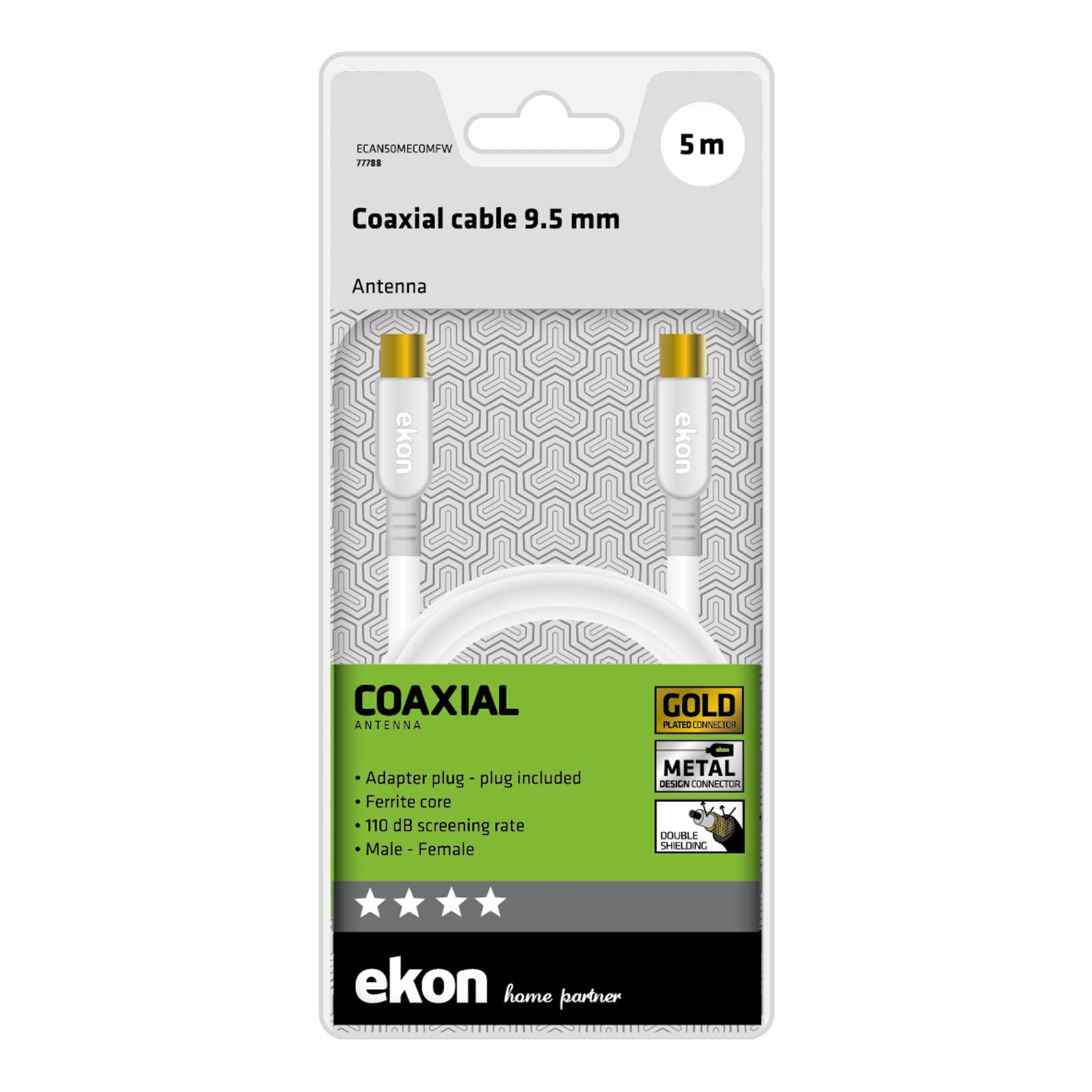 Ekon Cavo Antenna TV 5m Con Connettori Dorati E Adattatore Maschio-Maschio Incluso