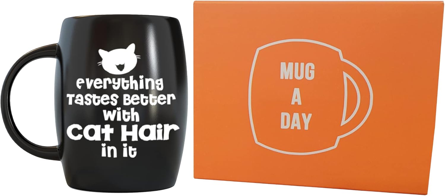 Creative Product MUG A DAY - 16oz Everything Tastes Better Cat Hair In It - Cat Coffee Mug Novelty Gag Gift - Travel Mugs, Office or Camping Cups for Best Cat Mom Cat Dad Gift Ideas for Christmas Fathers Mothers Day