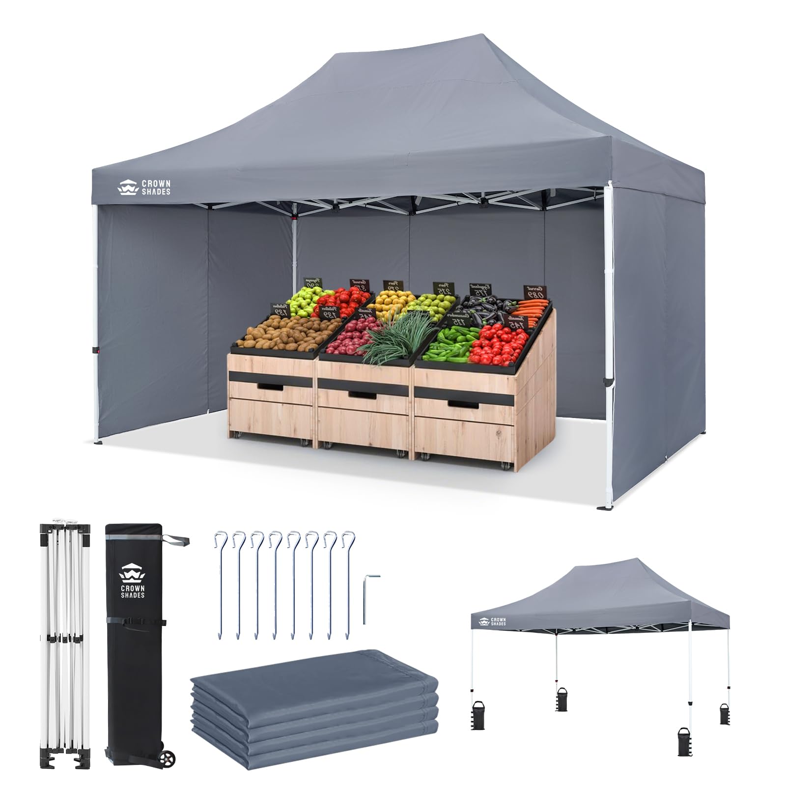 CROWN SHADES 10x15 Commercial Pop Up Canopy Tent with Sidewalls, Gray
