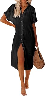 Strandkleid Damen Lang Badeanzug Bikini Cover Up Strandtunika V-Ausschnitt Kurzarm Sommerkleid Beachwear Strandmode