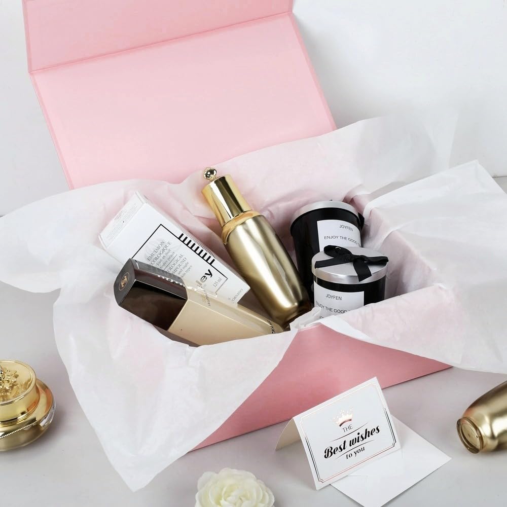 UoeRing 2 x rosa Geschenkboxen, groß, 34,3 x 30 x 11,9 cm, Luxus-Geschenkbox für Geschenke mit Magnetverschluss, faltbar, Geburtstag, enthält Karte, Band, Seidenpapier, geschreddertes Papierfüller