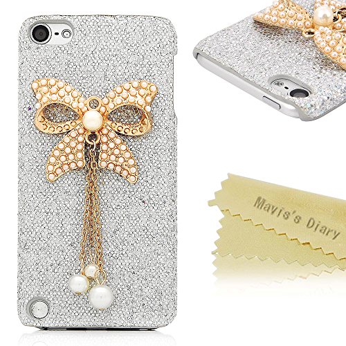 Ipod Case,I Touch Case,Touch 5 Case - Mavis's Diary New 3d Handmade Luxury Crystal Bow Bling White Case Cover Hard for Ipod Touch 5 5th Generation with Soft Clean Cloth (Bow)