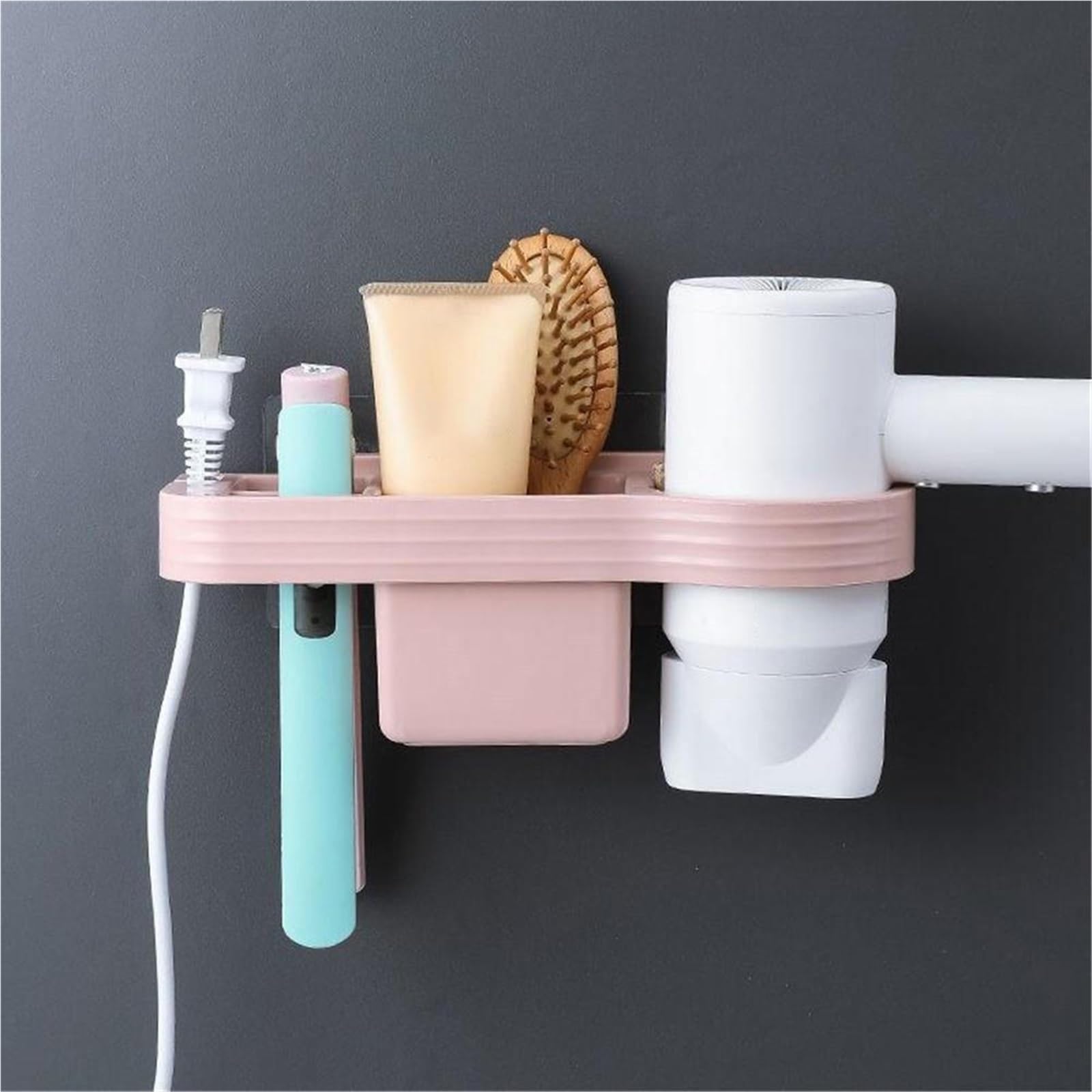 Bathroom Punch-Free Hair Dryer Mounted Holder Storage Box Hanging Rack Curling Iron Shelf Bathroom Organizer Storage(Pink)