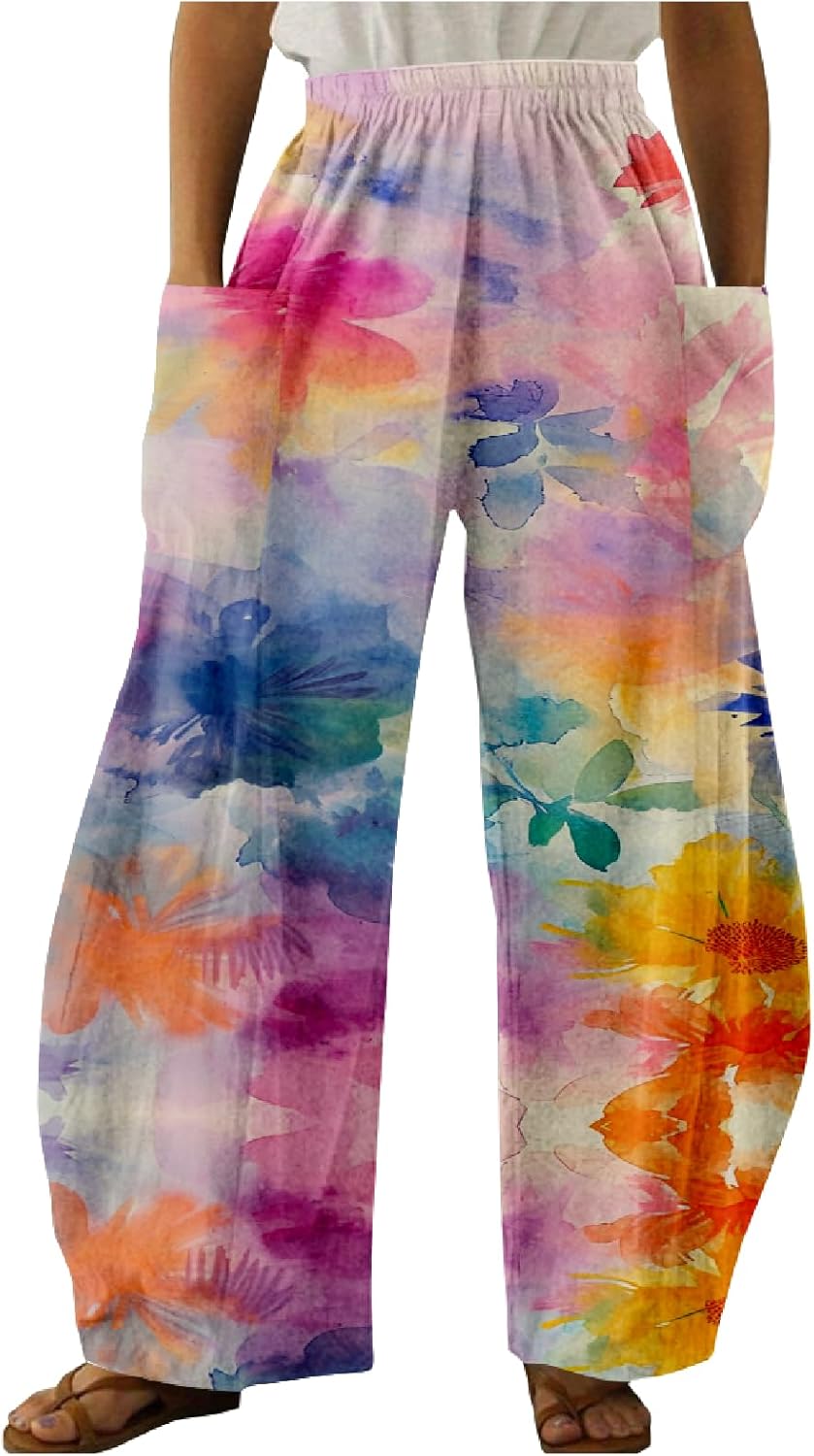 MARSVOVO Casual Womens Wide Leg Pants Soft High Waisted Trousers Beach Vacation Flowy Pants with Pockets