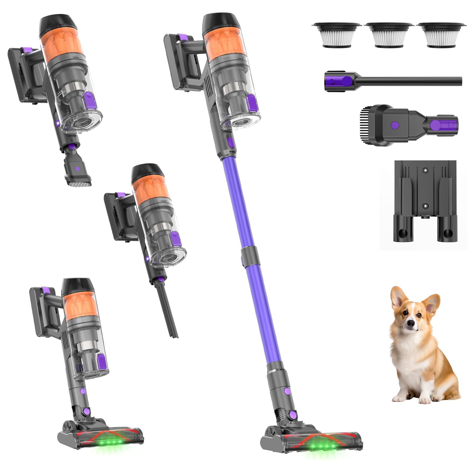Cordless Vacuum Cleaner,500W 40KPa 120Mins Runtime with 2 Batteries,Anti-Tangle Stick Vacuum with Green Light,Rechargeable Wireless Vacuum for Pet Hair/Carpet/Hardwood Floor,Purple