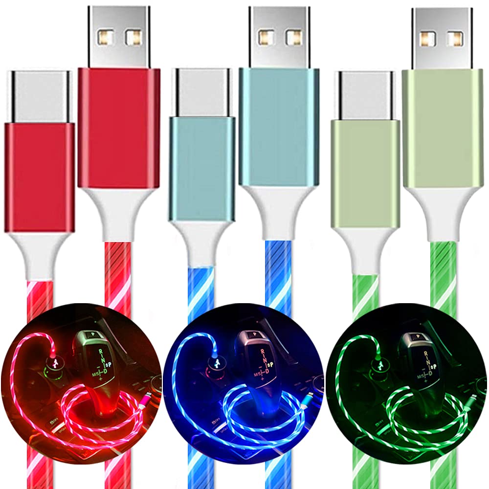 USB C Cable, BAVNCO 3-Pack(3.3ft) Visible Flowing LED Light Up USB to Type C Charger Cable 3A Fast Charging Cord for Samsung Galaxy S10 S9 S8 S20 Plus Note 10, LG, Google Pixel, PS5 More Android Phone
