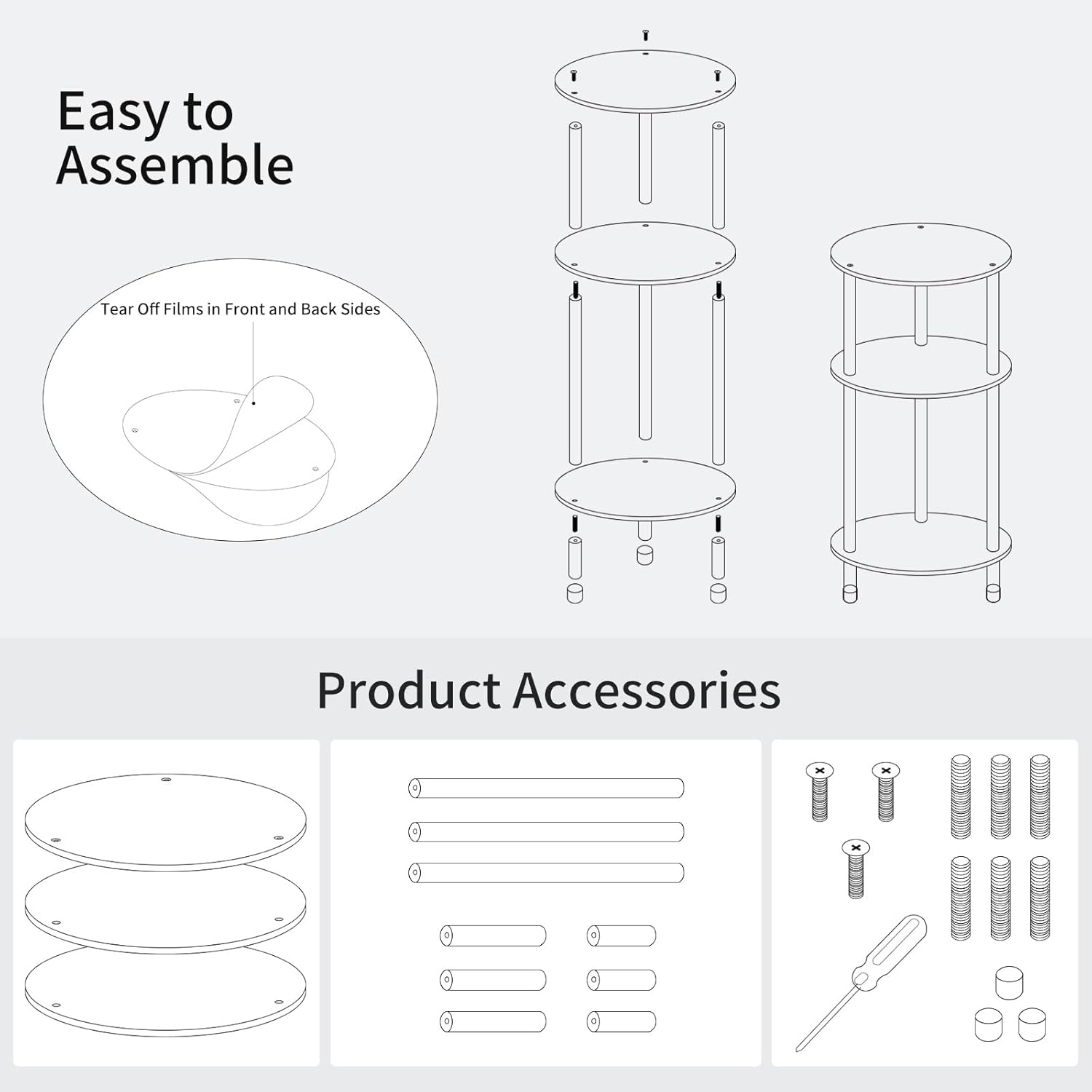 Clear Round Acrylic Side Table for Small Spaces, 11.81" L x 11.81" W x 24.6" H, 3 Tier Small Modern Drink End Table Nightstand, Minimalist Bedside Table for Living Room, Bedroom, Bathroom