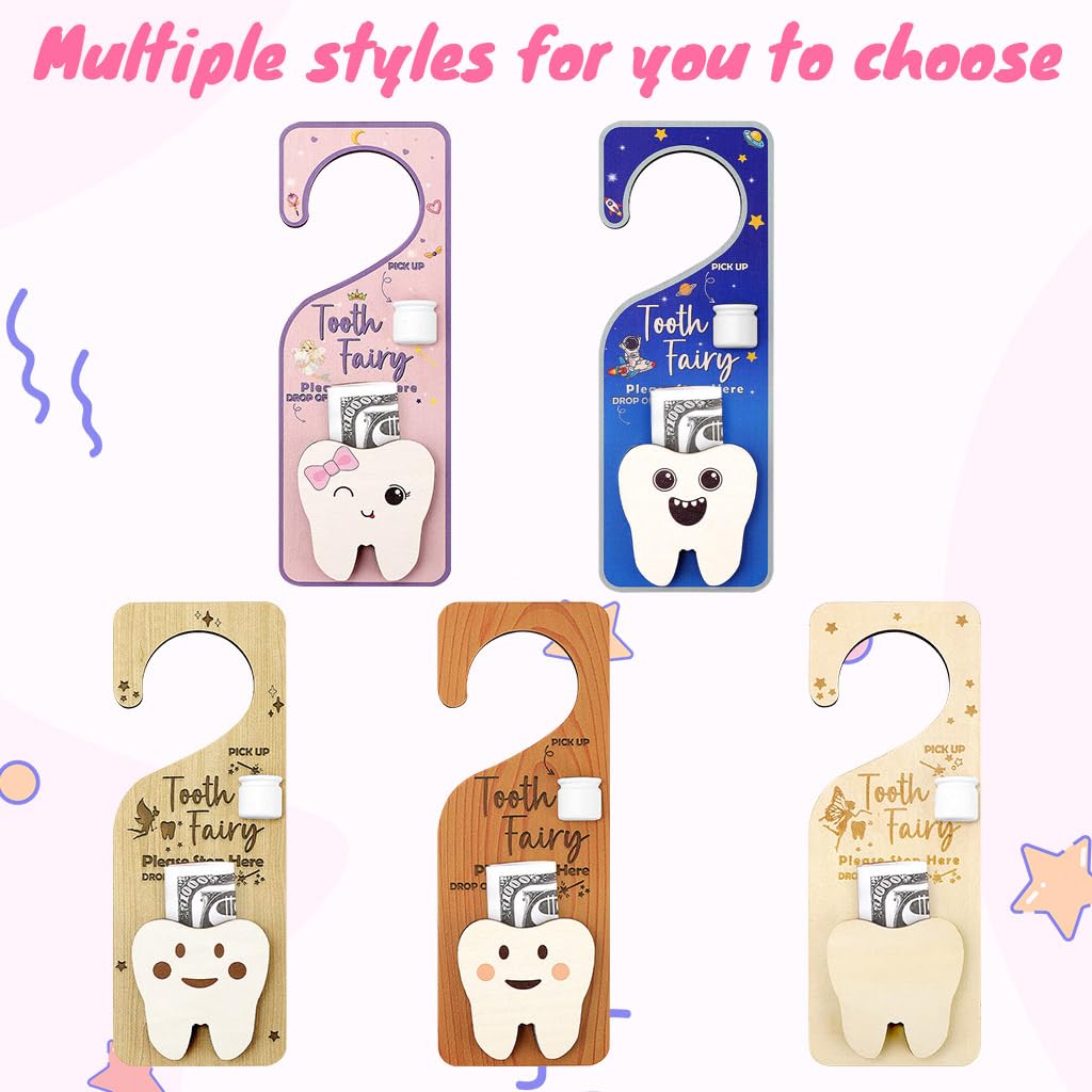 WALLFID 2-in-1 Design Tooth Fairy Door Hanger,Tooth Design Tooth Fairy Tooth Holder with Gift Compartment,Tooth Fairy Gifts Including Tooth Fairy Coins,Ideal for Celebrating Lost Teeth (Wood 1)