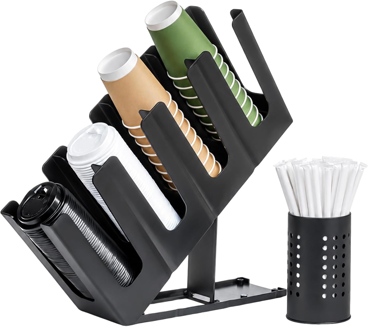 Coffee Cup and Lid Holder with Straw Organizer, Cup Dispenser Countertop | 4 Compartments, 7 Adjustable Height Levels, Suitable for Coffee Stations, Restaurants, Breakrooms, Beverage Bars