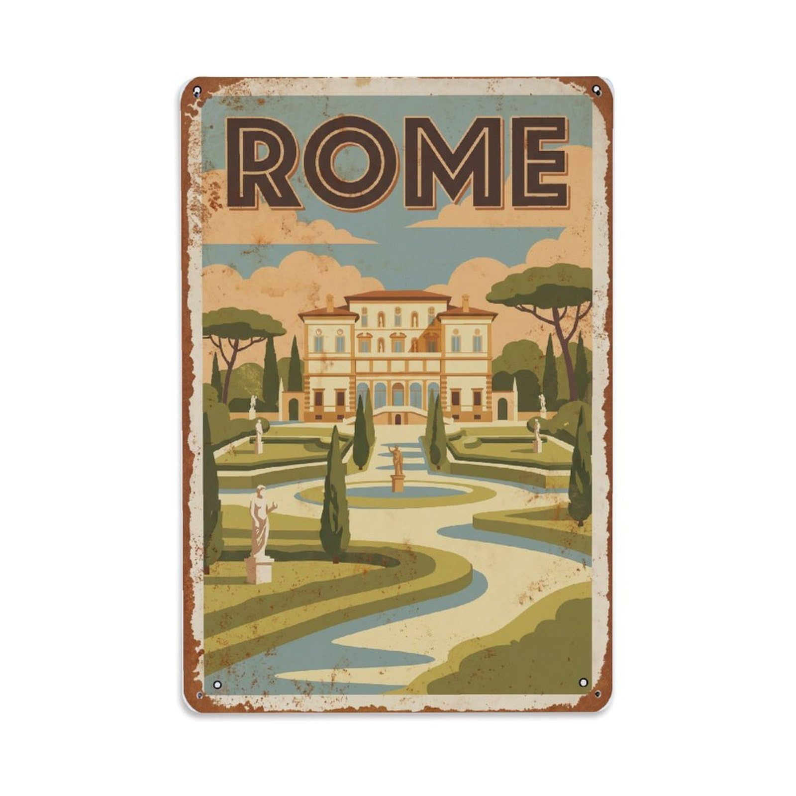 Vintage Travel Rome Villa Borghese Gardens Park Rusted Italy Metal Tin Sign Plaque Wall Decor for Cafe, Club Bar, Office, Home Garden Metal Poster 8x12Inch