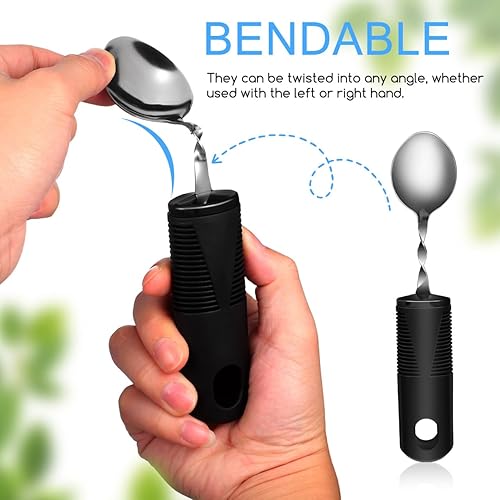 Miniatura 3 de iplusmile Juego de 4 cubiertos adaptables con asas flexibles, tenedor antiagitación, cucharadita cortadora para adultos mayores con temblores de mano