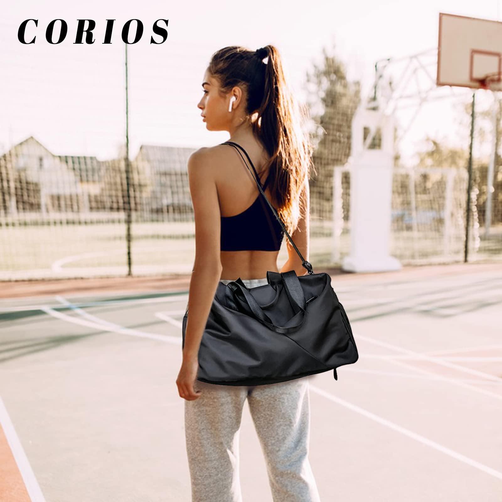 CORIOS Borsone da Viaggio Uomo/Donna Borsa Sportiva Borsone Palestra Grande Weekender Pernottamento Piscina Palestra Bagaglio a Mano con Scomparto Scarpe & Tasca di Separazione Bagnata e Asciutta Nero