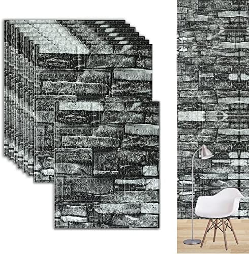 24PCS 3D Wall Panels Peel and Stick Wall Tiles,Brick Wallpaper Peel and Stick,Faux Stone Wall Panel,Brick Wall Panels for Interior Wall Decor,Bedroom,Living Room (Rock Black)