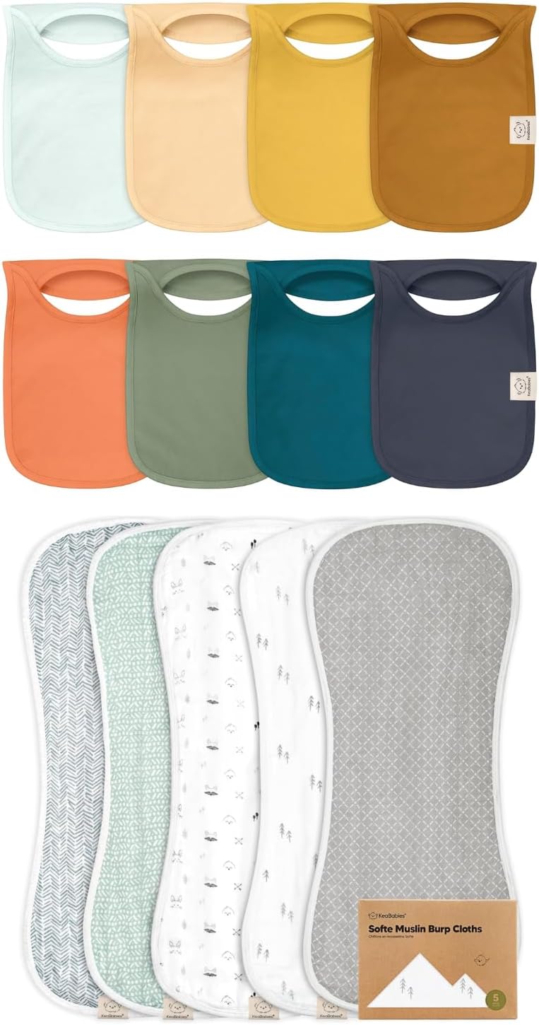 KeaBabies 8-Pack Baby Bibs for Boys, Girls and 5-Pack Muslin Burp Cloths for Baby Boy and Girl - Pull-on Drool Catcher, Bandana Bibs, Drooling And Teething - Cotton Washcloths, Burp Rags