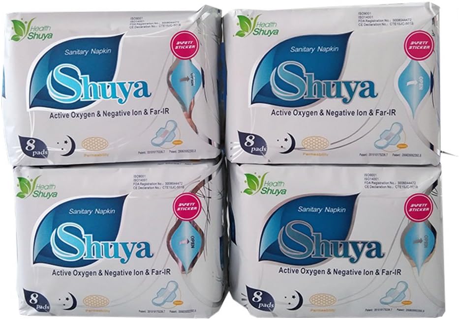 SHUYA Anion Overnight Maxi Sanitary Pads with Wings for Heavy Flow, Herbal Scented Size 285mm 32Count (Pack of 4)