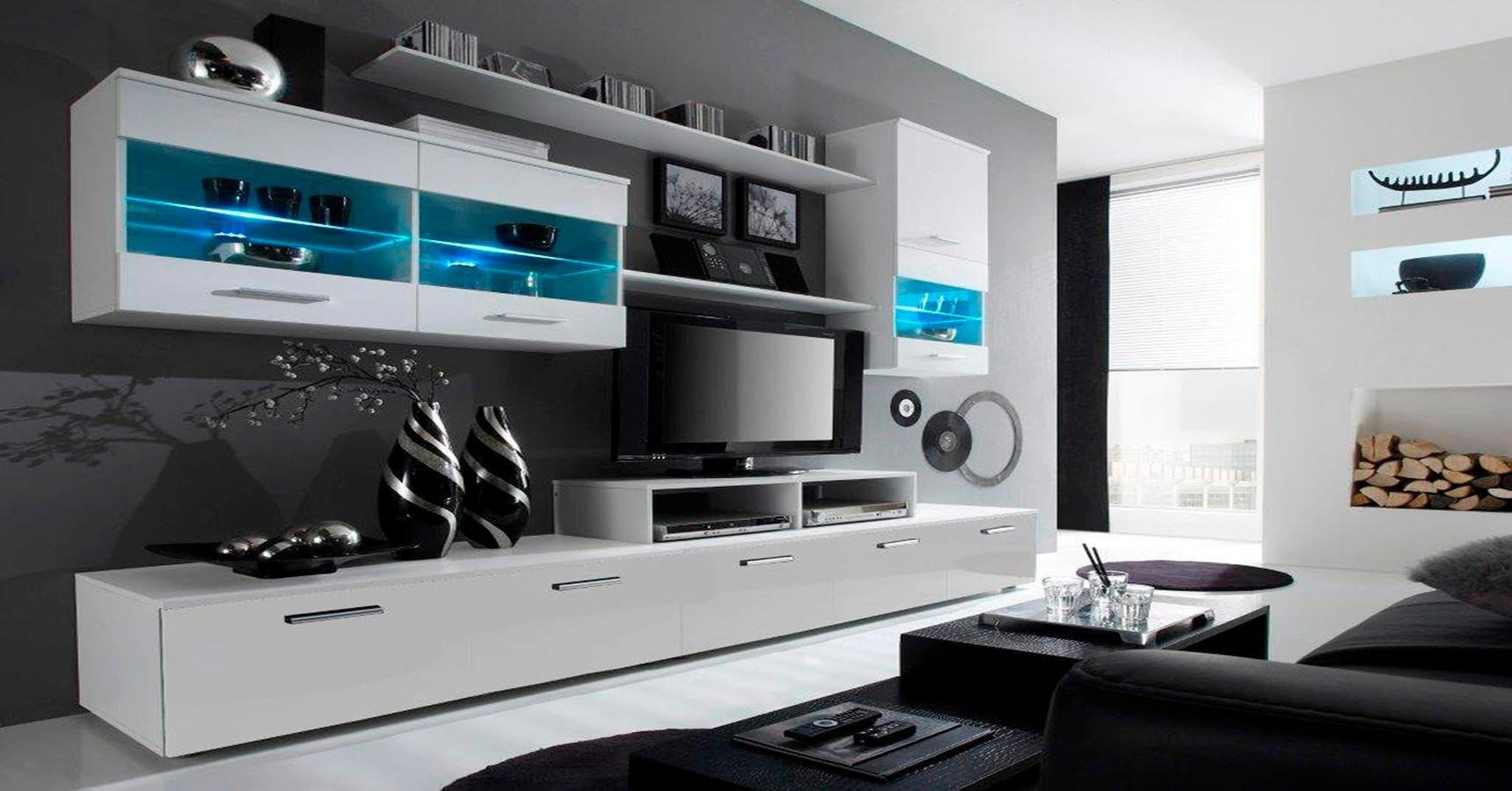 Skraut Home - Mobili Soggiorno - 194 x 250 x 42 cm - Sistema di Illuminazione a LED - Modello Alfa II - Ampia capacità di Contenimento - Stile Moderno - Finitura Bianca