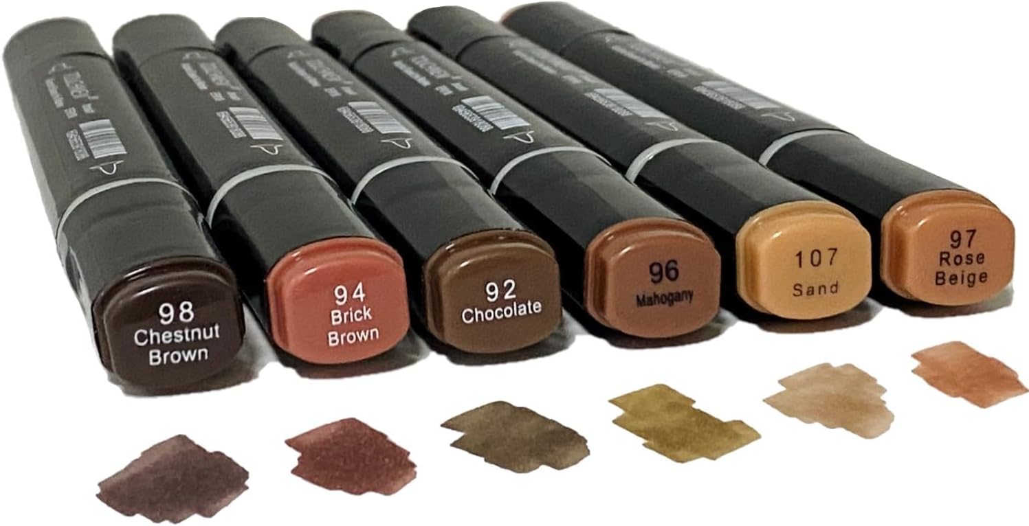 6PCS Skin Tone Markers Set, Double Tipped Soft Fine Tips and Brush Art Marker Set for Artist Adults Coloring Sketching (Deep)