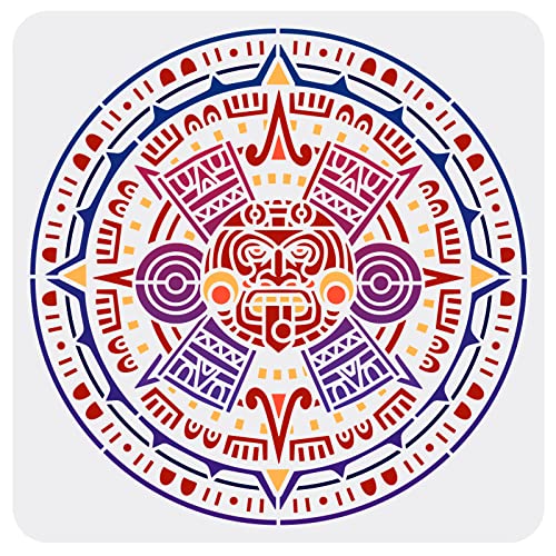 FINGERINSPIRE Aztec Calendar Stencil 11.8x11.8 inch Mayan Emblem Painting Stencil Plastic Aztec Pattern Stencil Reusable Mayan Stencil for Painting on Wood Wall DIY Art Projects Home Decor