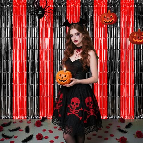 Image of TONIFUL 2Pcs Black and Red Fringe Backdrop Curtain 2026 Graduation Party Metallic Tinsel Foil Fringe Photo Booth Backdrop Door Streamers for Birthday Bachelorette Halloween New Year Party Decorations