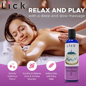 Lick Birthday Cake Flavored Massage Oil Sweet Celebration-Inspired Edible Massage Oil with Almond Oil & Vitamin E, Fun Smooth Glide for Couples Massage, 4 oz