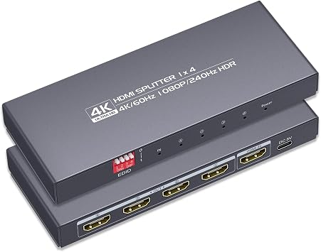 HDMI 2.0 Splitter 1 in 4 Out 60Hz - HDCP2.2/2.3, Downscaler EDID Mode,HDR, Dolby Atmos/DTS5.1/7.1 - for PS4/5, Apple TV 4K, Retrotink, Roku, Soundbar