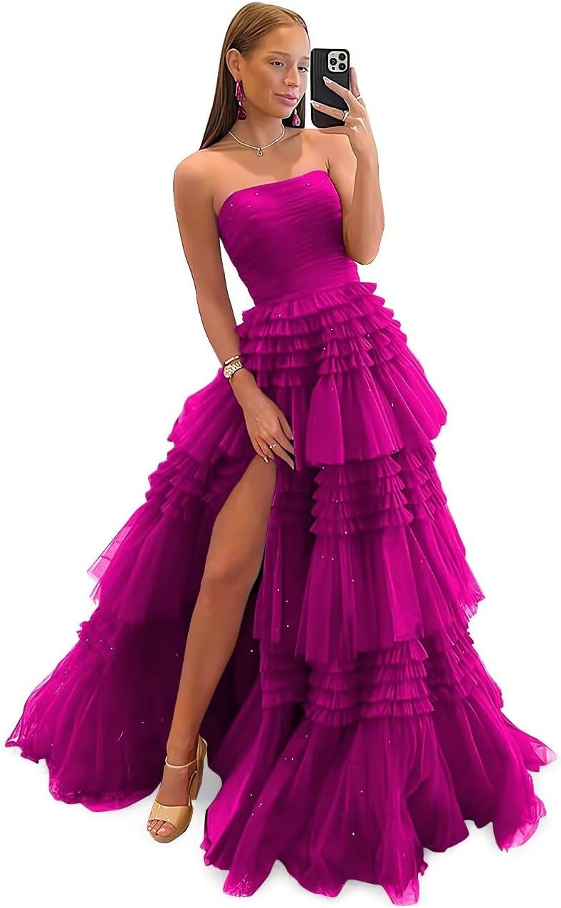 Glitter Tulle Tiered Prom Dresses 2026 Strapless Ball Gowns for Women Formal Ruffle A-Line Evening Gown with Slit